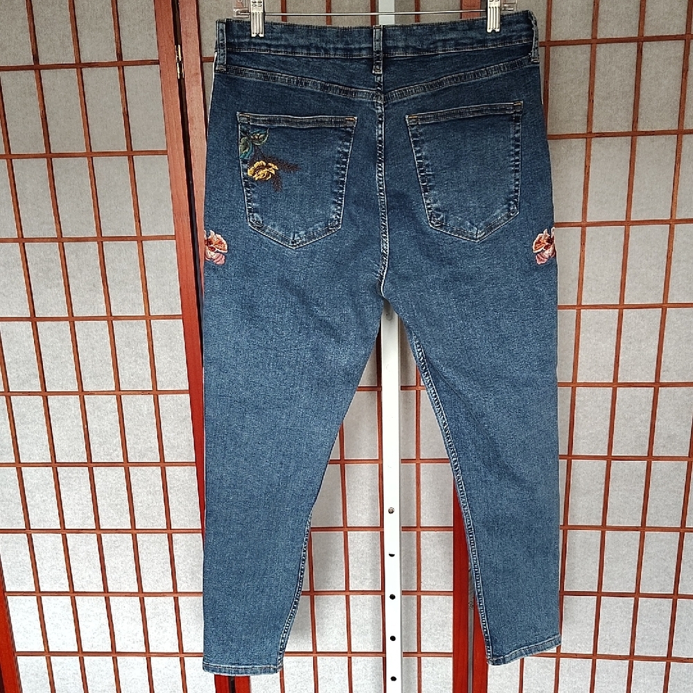 Top shop Moto Jamie Size W34 Embroidered Floral Blue Jeans - Picture 3 of 4
